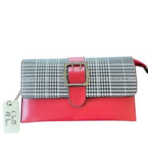 New! Cherie Bliss Red Plaid Leather Detachable  Strap Clutch Purse